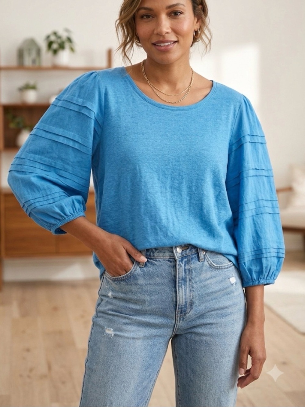 Chico’s Linen Detailed puff sleeved blouse Pool Side Blue Size 3 (XL-16) boho